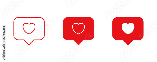 Like and love icon red speech bubble symbol, post reaction notification icon. heart flat icon in chat bubble shapes , Social media notification icons. emoji post reactions set. Vector illustration