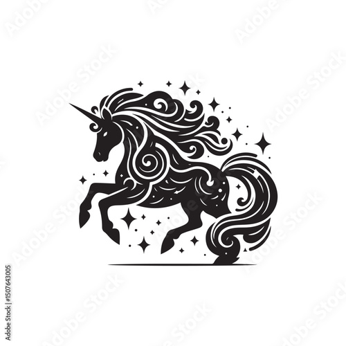 A tribal unicorn head tattoo illustration featuring a woman's hair with floral pattern design, a beautiful black silhouette ornament, and wild animal art