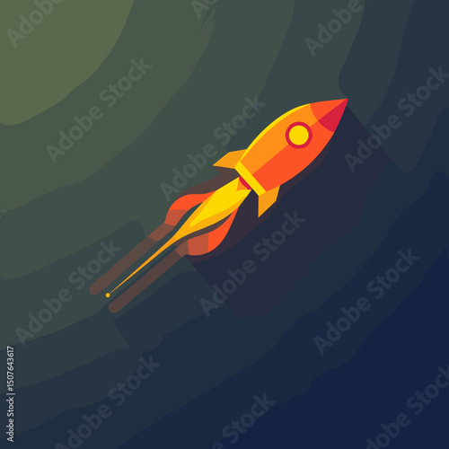 Colorful rocket launching illustration on a dark gradient background, copy space
