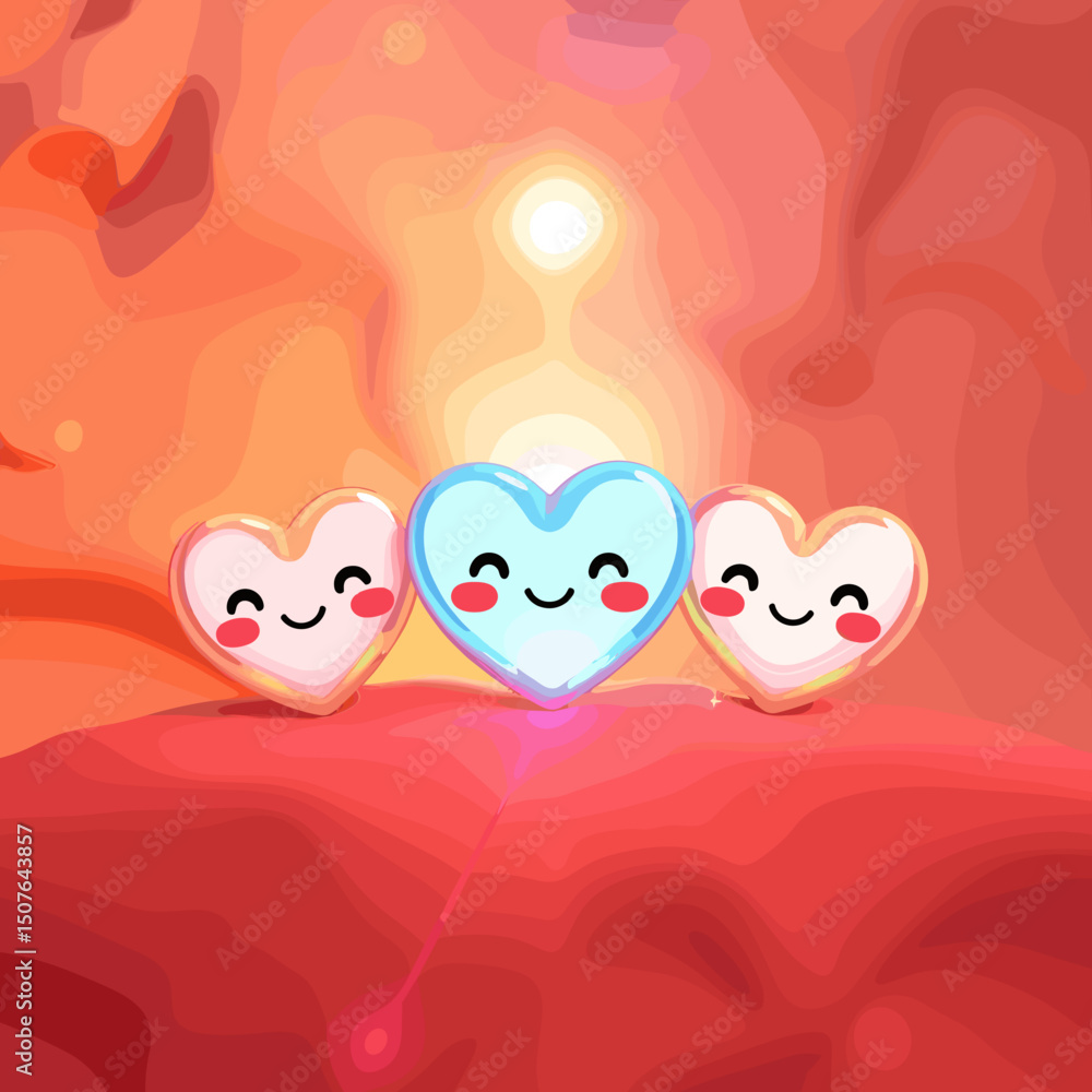 Fototapeta premium Three cute cartoon hearts with smiling faces on a vibrant pink background, copy space