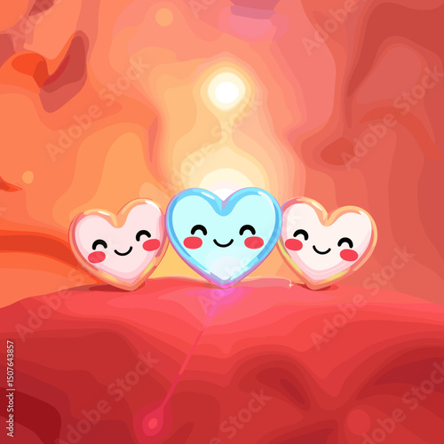 Three cute cartoon hearts with smiling faces on a vibrant pink background, copy space