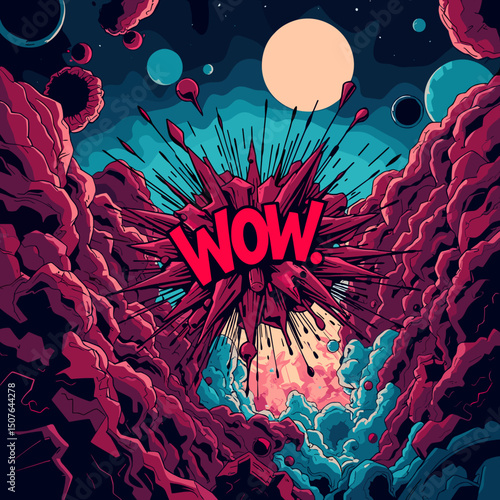 Dynamic cosmic explosion with the word "WOW!" in large letters on a vibrant space background, copy space