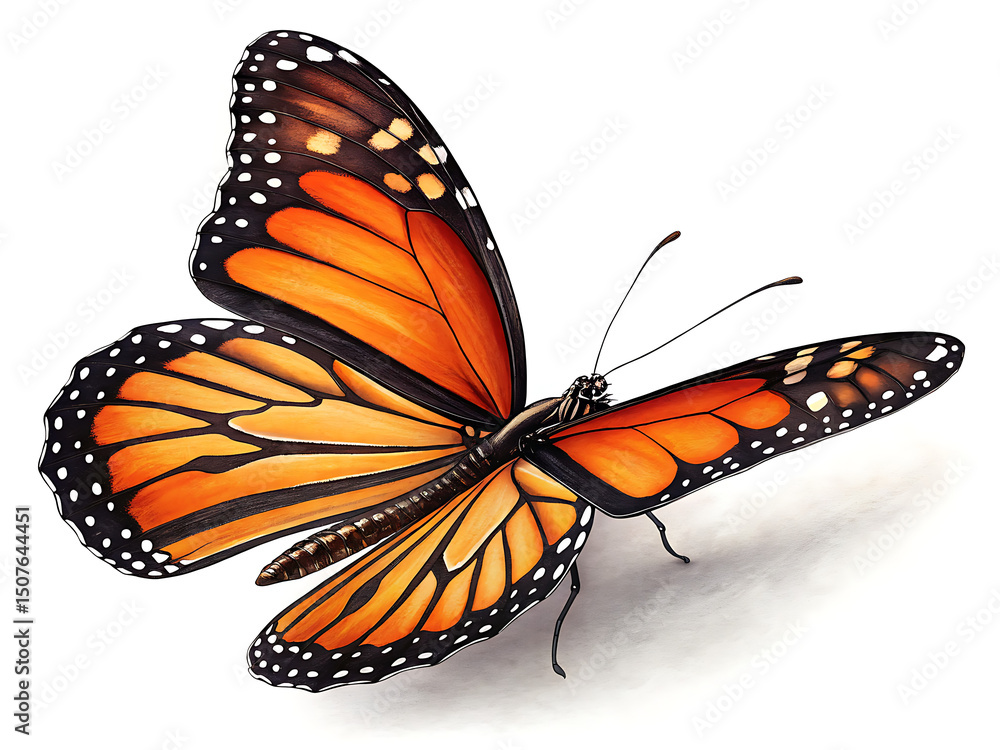 Fototapeta premium A monarch butterfly with orange and black wings with white spots on a white background illustration