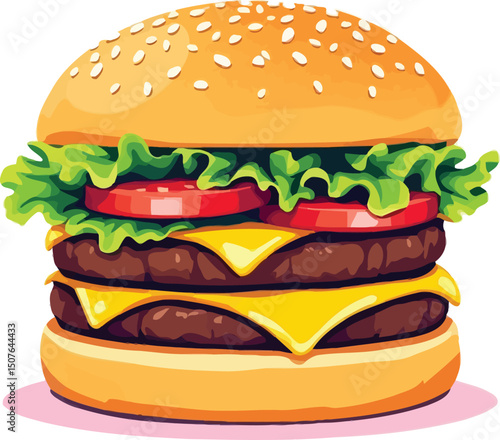 Illustration of a double cheeseburger with lettuce tomato and sesame bun for food blog and restaurant