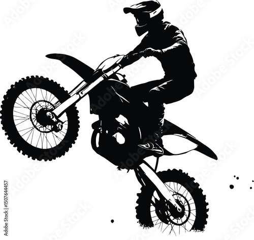Black and white silhouette of motocross rider doing wheelie stunt extreme sport adventure illustration 