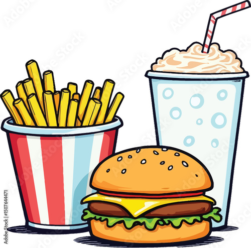 Cartoon fast food meal illustration of burger fries and milkshake for restaurant menu design vector 