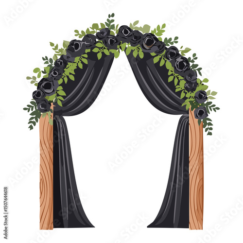 Modern black draped wedding arch with dark greenery