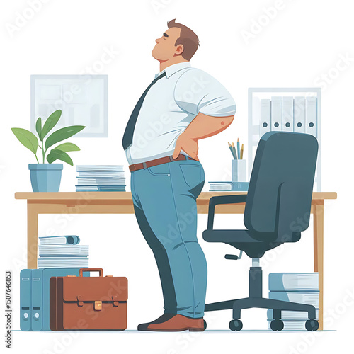 Overweight man suffering from lower back pain when standing up or changing their posture, office syndrome, copy space, obese people with health problems concept. Vector illustration on white.