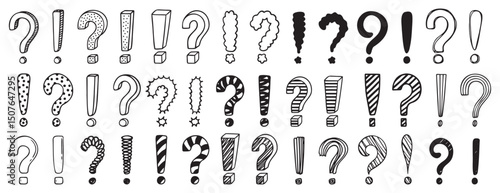 Doodle exclamation mark and question marks set. Hand drawn drawing punctuation symbols, creative ink stroke question exclamation mark icon set.