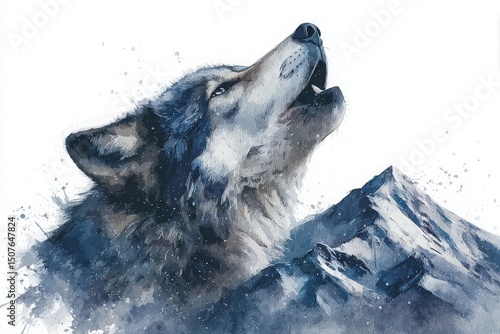 A wolf is howling against a mountainous backdrop in a watercolor style. The focus is on the wolfs expressive features, surrounded by cool colors that enhance the natural scene.