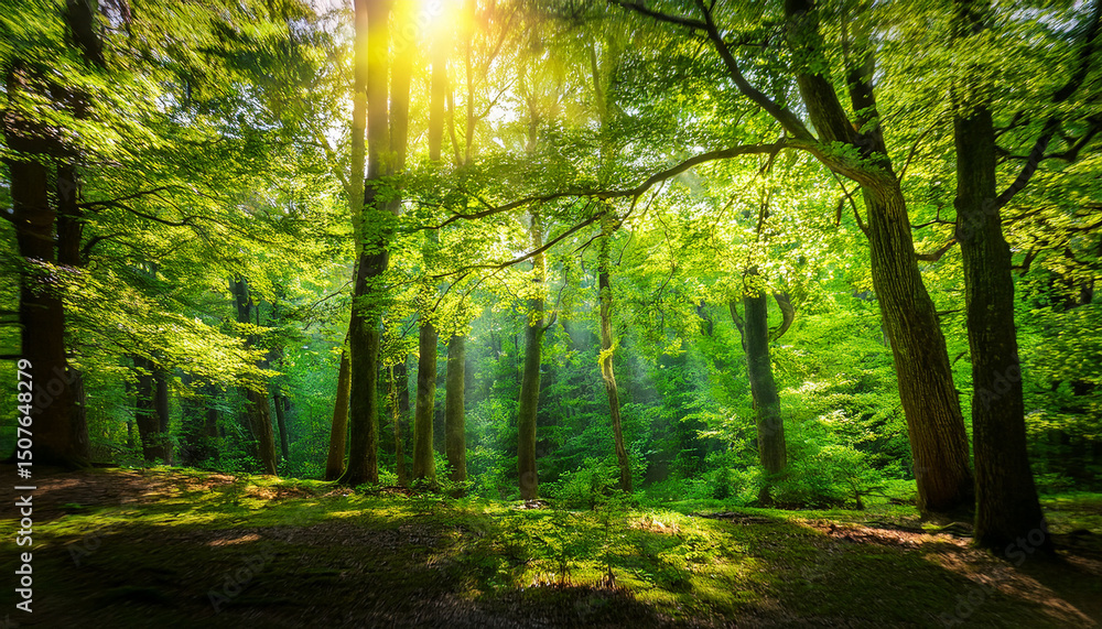 Obraz premium emerald canopy filtering sunlight gentle breeze stirs leaves picture woods