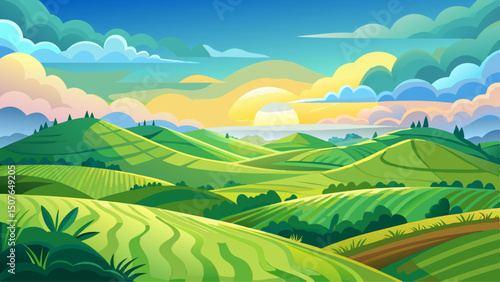 Rolling Green Hills Under Scattered White Clouds at Sunrise