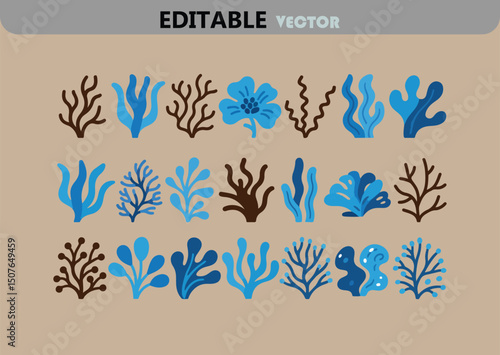 Collection of blue and brown seaweed and coral vector illustrations