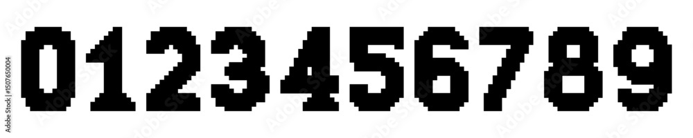 Black pixel-style digits from 0 to 9 on white background, ideal for retro, digital, or gaming-related design concepts Black pixel-style digits from 0 to 9 on white background, ideal for retro, digital, or gaming-related design concepts