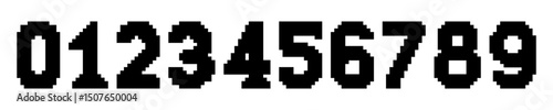 Black pixel-style digits from 0 to 9 on white background, ideal for retro, digital, or gaming-related design concepts