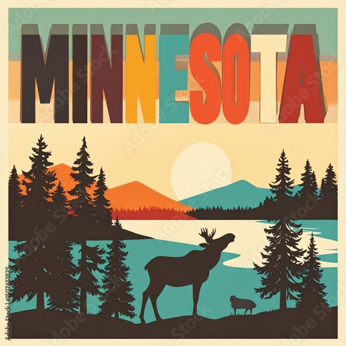 Vintage minnesota travel poster with moose and lake scene