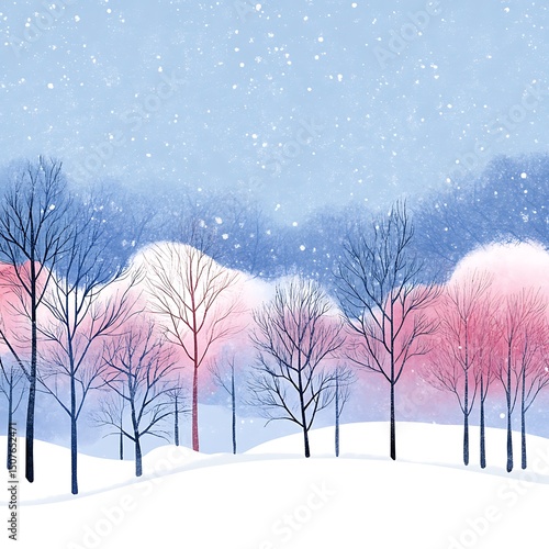 Winter landscape with bare trees and snowfall.