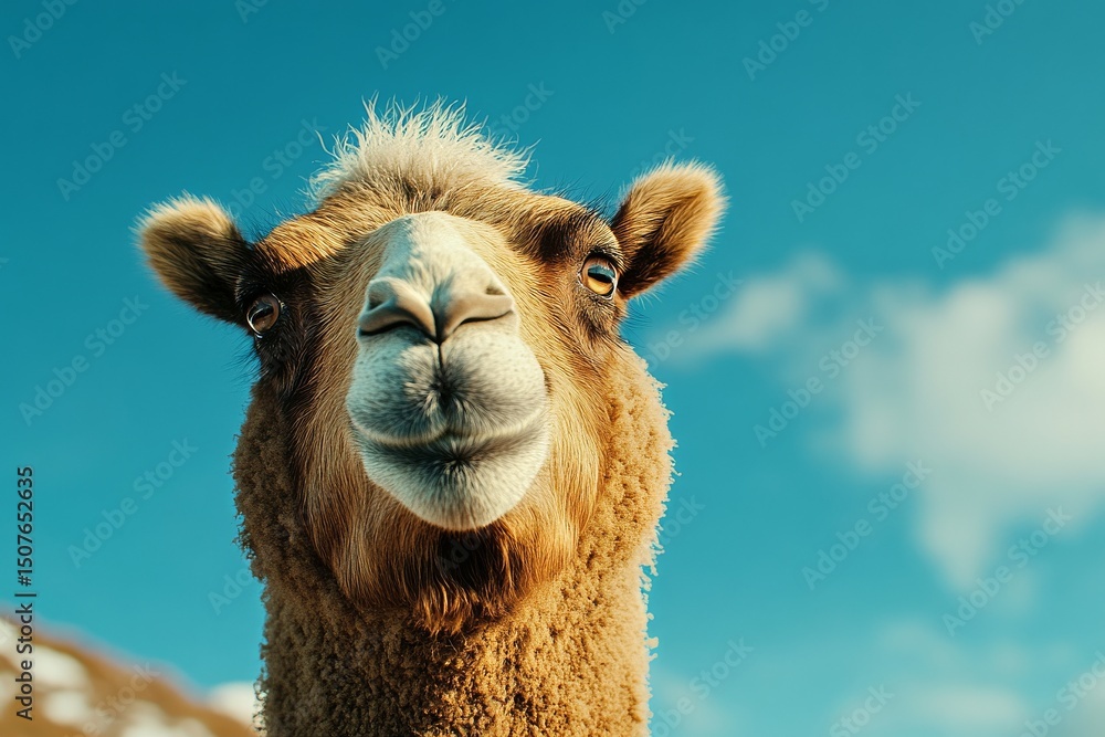 Fototapeta premium Unique Close-Up of a Camel Against a Clear Blue Sky in the Desert During Midday