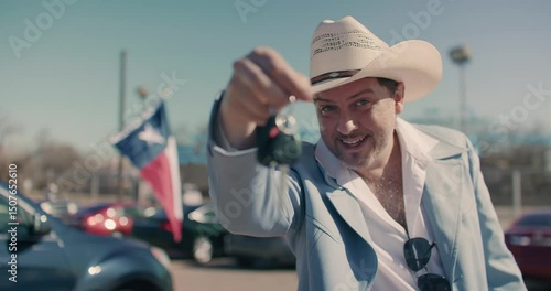 Smiling Car Salesman Wearing Cowboy Hat Dangling Car Keys at Car Dealership