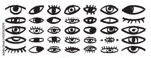 bizarre eyes hand drawn doodle brush set. Textured minimalistic grunge eyes rough collection 