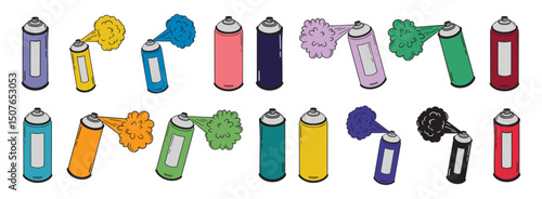 spray paint colorful can doodle hand drawn icon set. Outline drawing spray paint can different colors line clipart symbol collection