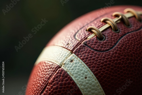 Close-up of worn leather football, laces visible, high school football, white, object