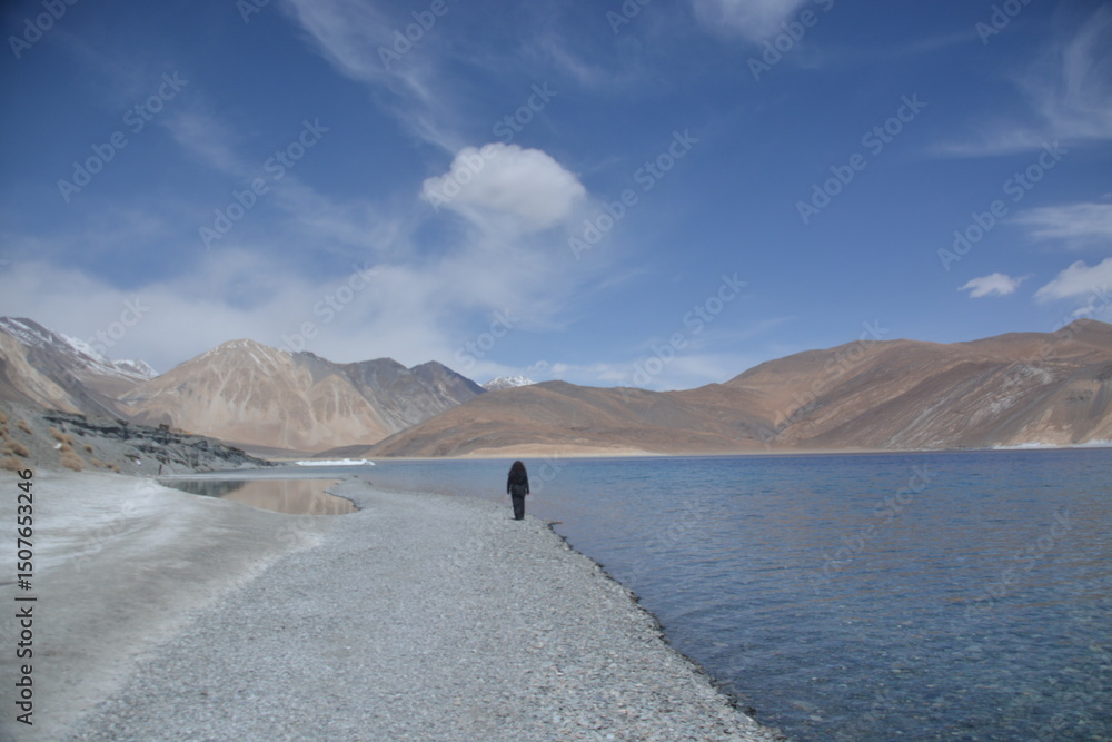 Fototapeta premium Pangong Tso is a beautiful lake in Ladakh, India, with beautiful landscapes and views. It is a much loved tourist destination and is famous between travellers.