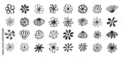 Flowers grunge brush doodle blossom icons set. Flowers Scribble ink hand drawn brush. Chamomile flowers markers crayons icons 