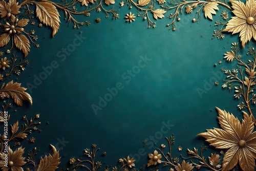 Intricate floral damask textile, elegant gold on deep teal , teal, elegant