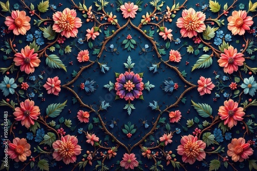 Intricate floral tapestry design, rich jewel tones, illustration, opulent