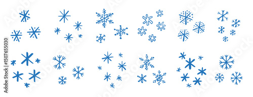 chalk pencil drawing blue snowflakes set. Snowflake doodle hand drawn cute style elements. Winter or Christmas concept.