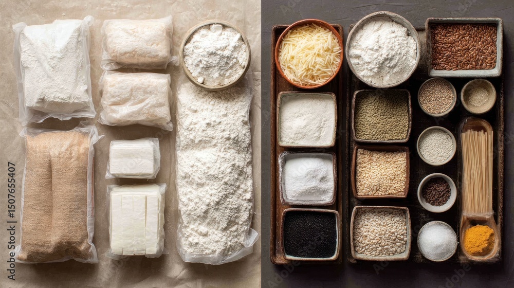 Fototapeta premium Diverse assortment of grains and flours for culinary and baking needs