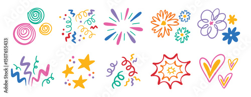 Abstract cute shapes sticker curve set. Colorful funny element organic symbol. Doodle flower and heart, star and confetti, trendy lines cartoon drawing style. 