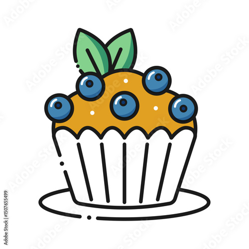 blueberry muffin on a white background. vector image, line art style.