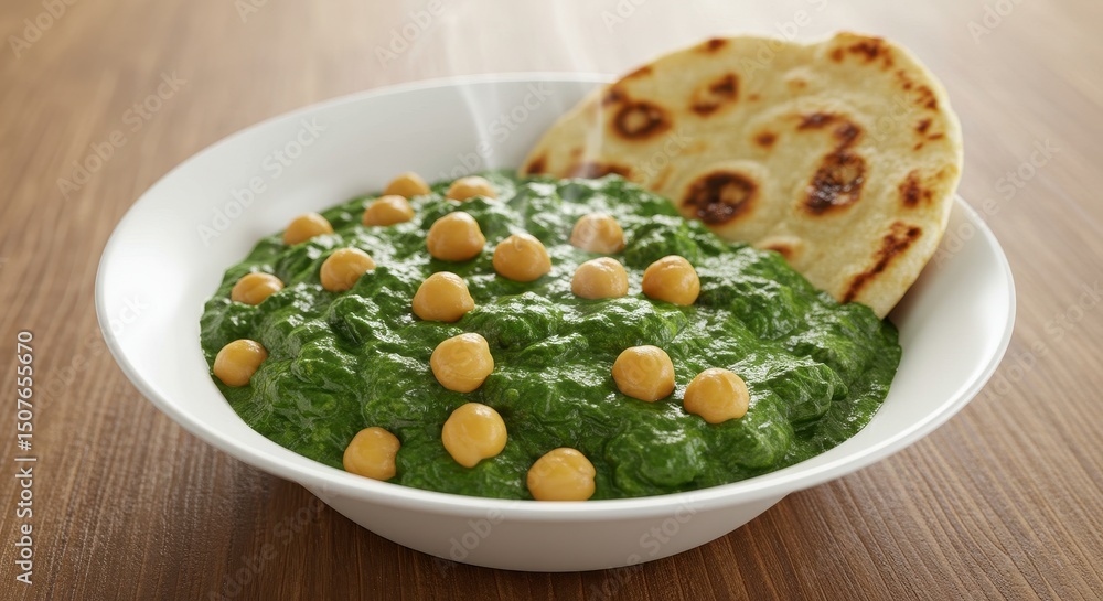 Delicious green spinach dish served with grated chickpeas and warm Indian bread on a wooden table, perfect for healthy eating and culinary photography Delicious green spinach dish served with grated chickpeas and warm Indian bread on a wooden table, perfect for healthy eating and culinary photography