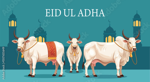 Vector illustration of three decorated cows for Eid ul Adha. Features mosque silhouette background - Id holy festival of Islam Muslim. Ideal for religious posters, flyers, and Islamic cultural designs
