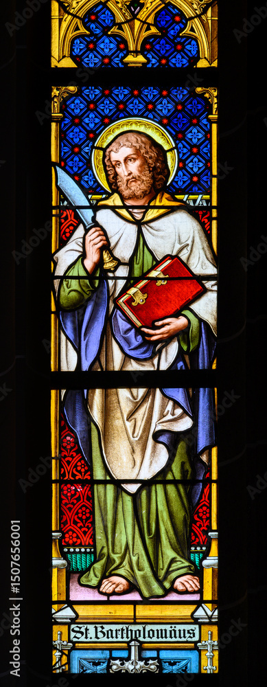 Fototapeta premium Saint Bartholomew the Apostle. Artist: Franz Xaver Zettler. A stained-glass window in the Cathedral of St Elizabeth (Dóm svätej Alžbety).