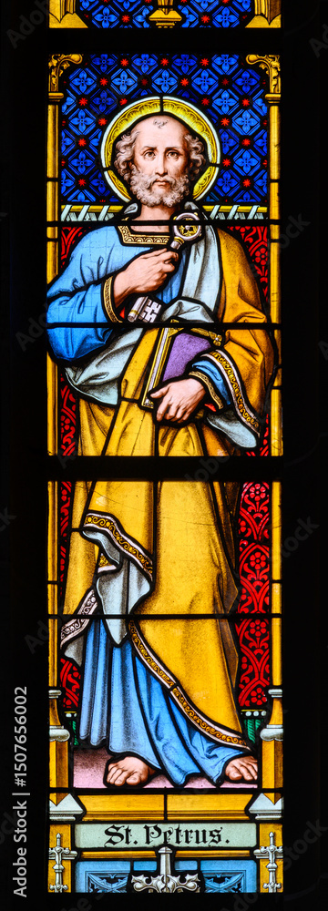 Fototapeta premium Saint Peter the Apostle. Artist: Franz Xaver Zettler. A stained-glass window in the Cathedral of St Elizabeth (Dóm svätej Alžbety).