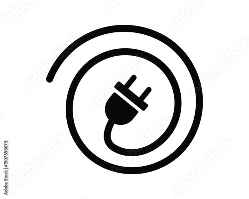 A stylized icon of an electric plug encircled by a cord, symbolizing power, connection, and energy. Ideal for use in tech, sustainability, or creative projects.