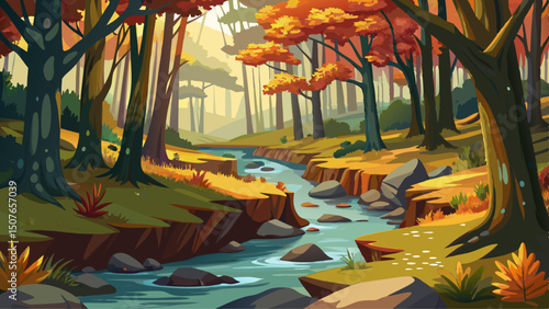 Quiet Stream Through Mossy Forest in Autumn