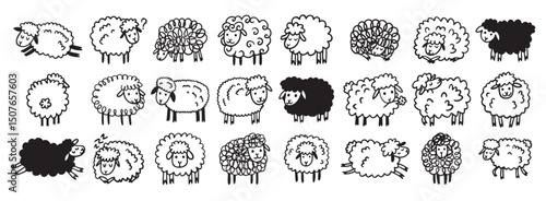 Doodle hand drawn funny cute sheep outline set. Drawing sheep