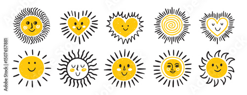 cute sun clipart, hand drawn sun heart colorful happy set, yellow and orange smiling sun, emotion happy faces