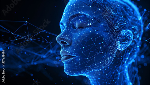 A future human face glowed with blue digital lines