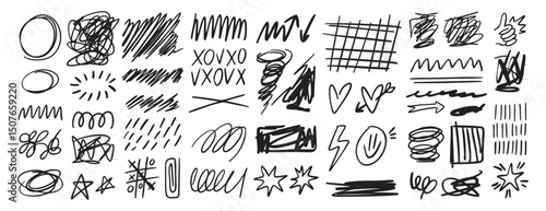 Scribble doodle hand drawn messy ink strokes set. Freehand lines and shapes. Hand drawn pencil curves and black marker swirl, pen sketch