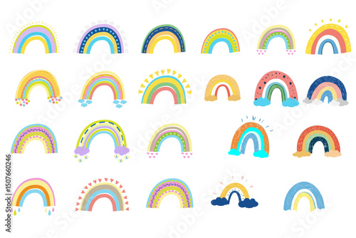 background, base, poster, multicolored rainbows on a white background, clouds, hearts, drops