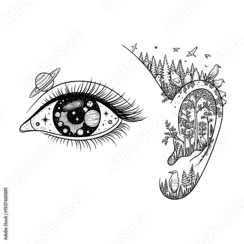 Human eyes filled with stars, planets and galaxies, ears turned into forests with birds