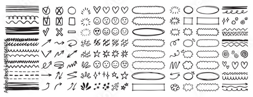 doodle underline emphasis scribble elements line hand drawn set. doodle brush shapes stroke highlight sparkle and arrow elements. childish drawing kids style.