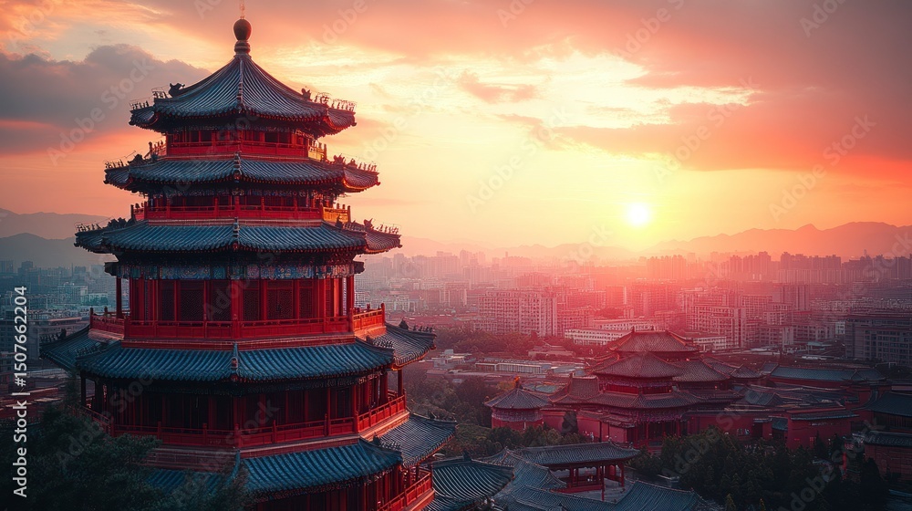 custom made wallpaper toronto digitalSunset Over Traditional Architecture with Urban Skyline in the Background