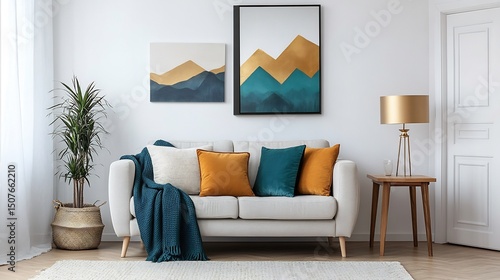 Entrance of modern living space showcase mural of abstract geometric shape transitioning into homely element like cozy sofa table lamp representing comfort elegance Warm neutral touch of teal gold