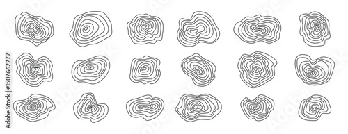 Organic textures of mountains set topographic lines. Abstract wooden round shapes. Vector scribbles